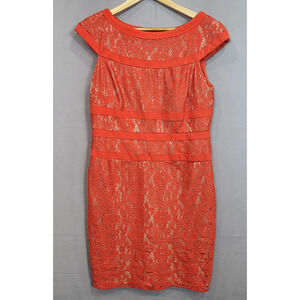 Adrianna Papell Women's Red Orange Piped Structured Lace Cocktail Dress Sz 14